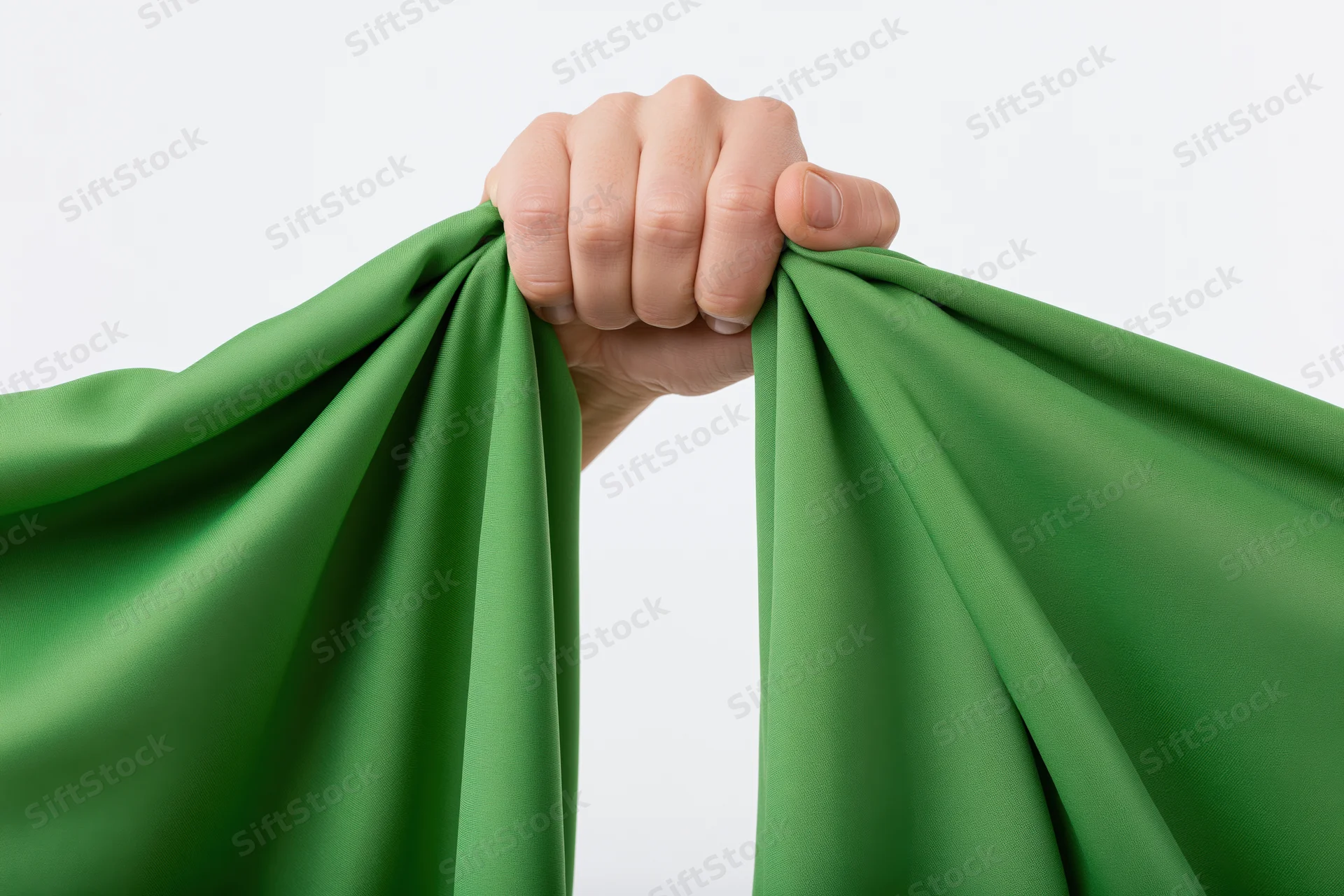 Hand pulling down a draped green fabric curtain against white background