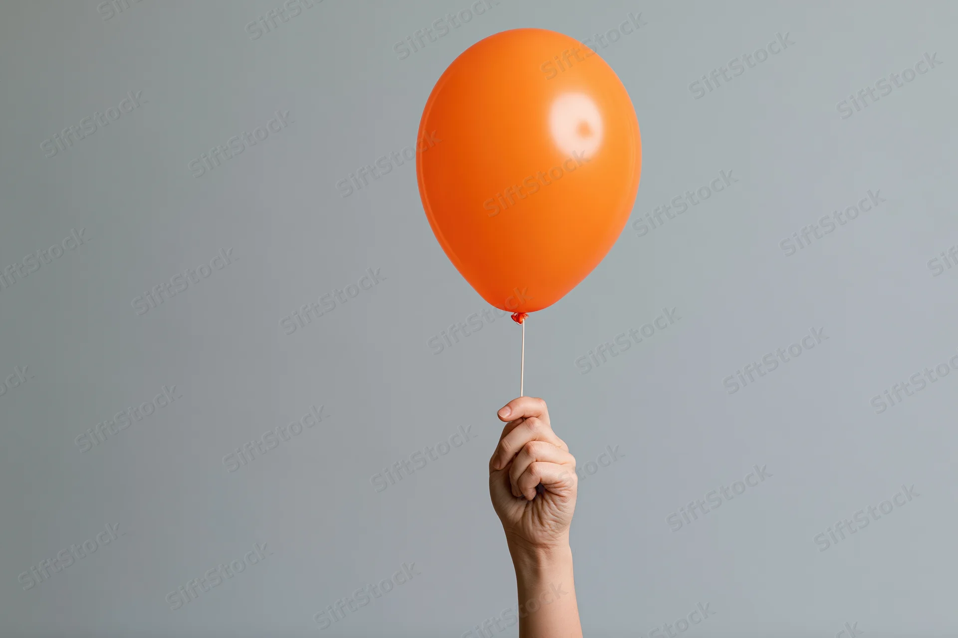 Hand holding orange balloon by string against gray background