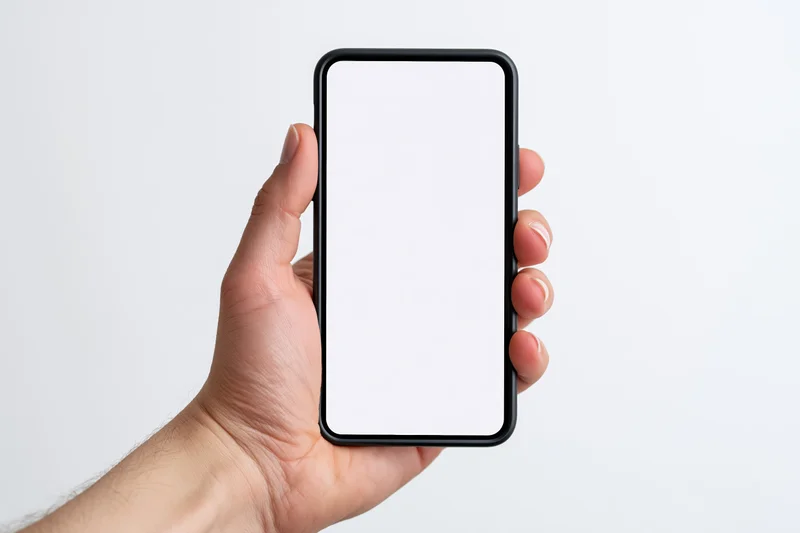 Hand holding smartphone with blank screen against white background