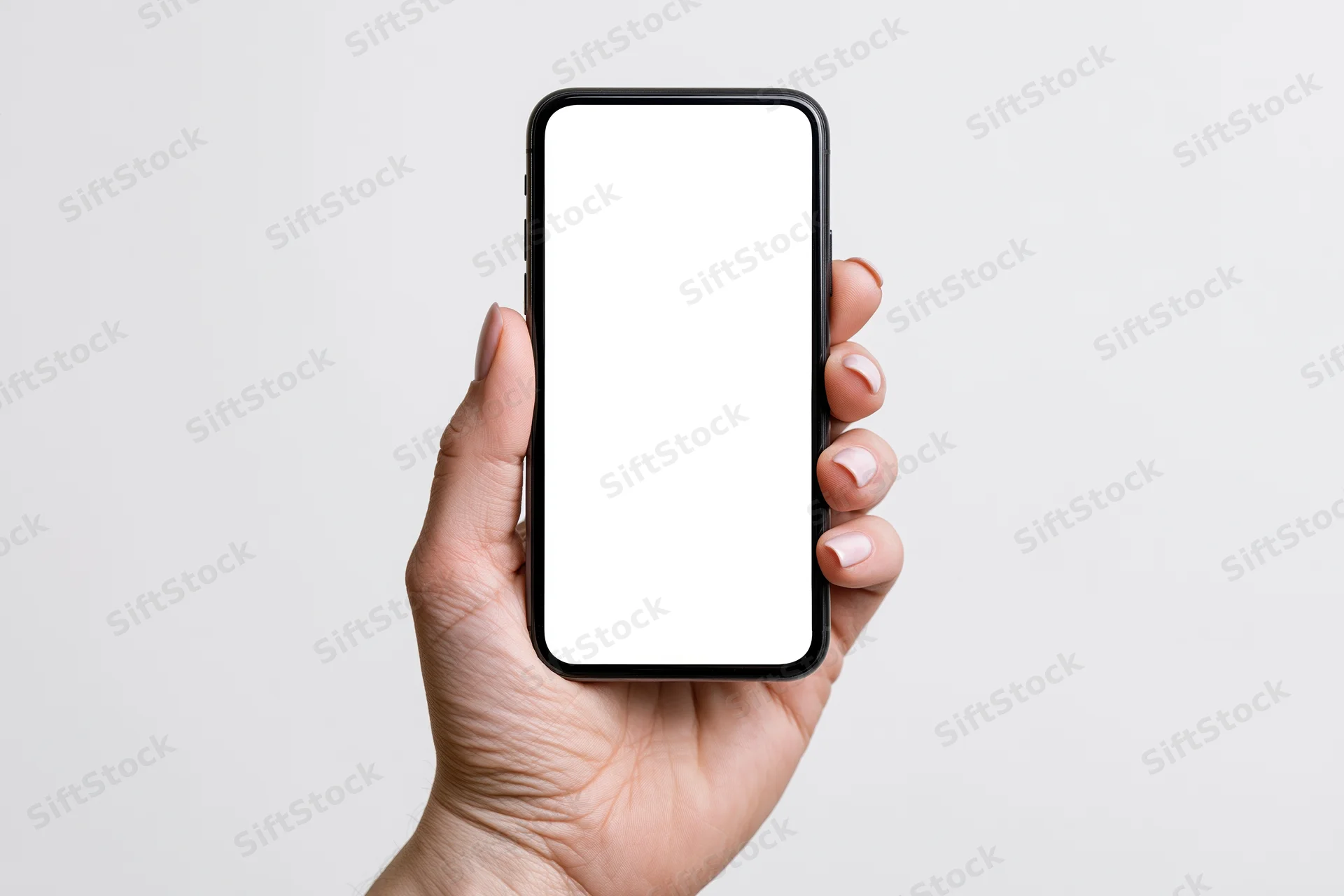 Hand holding smartphone with blank screen against white background