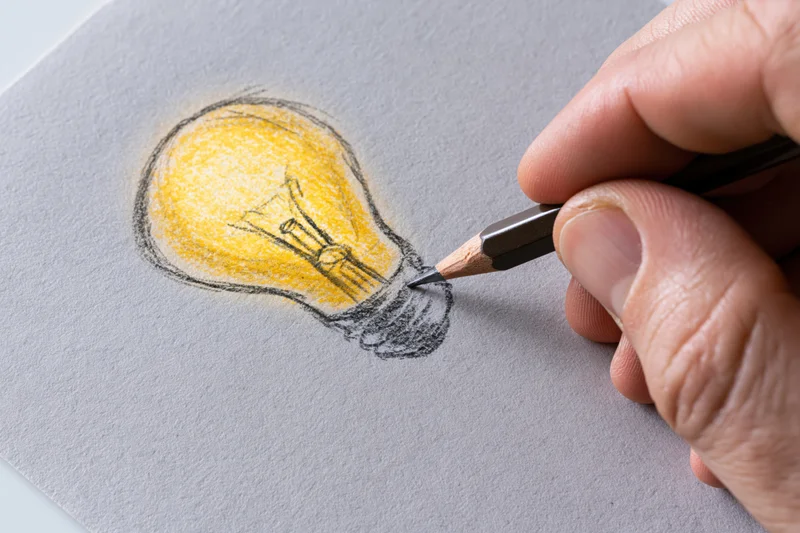 Hand drawing a glowing lightbulb on gray paper with a pencil