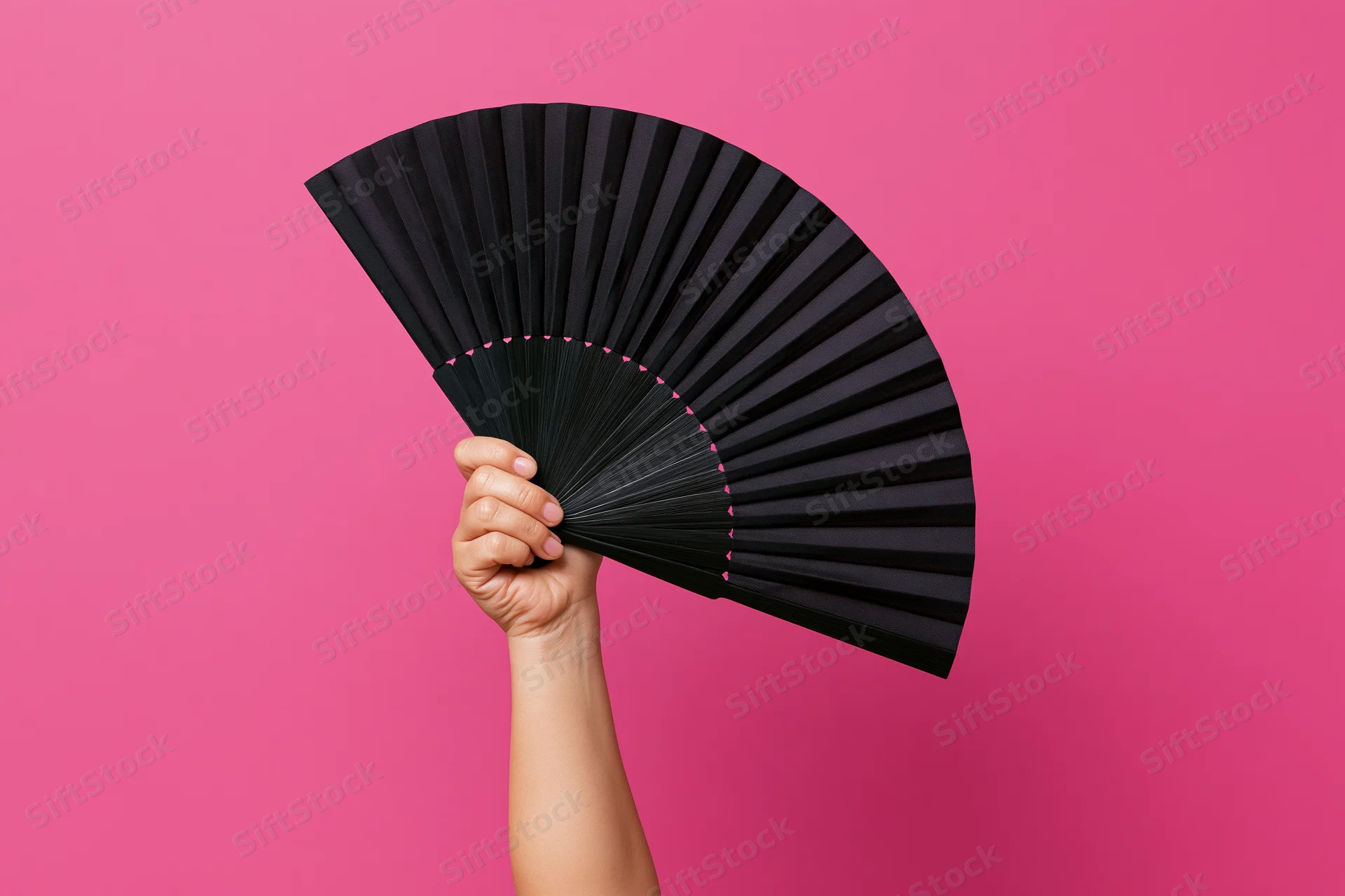 Hand holding open black folding fan against pink background