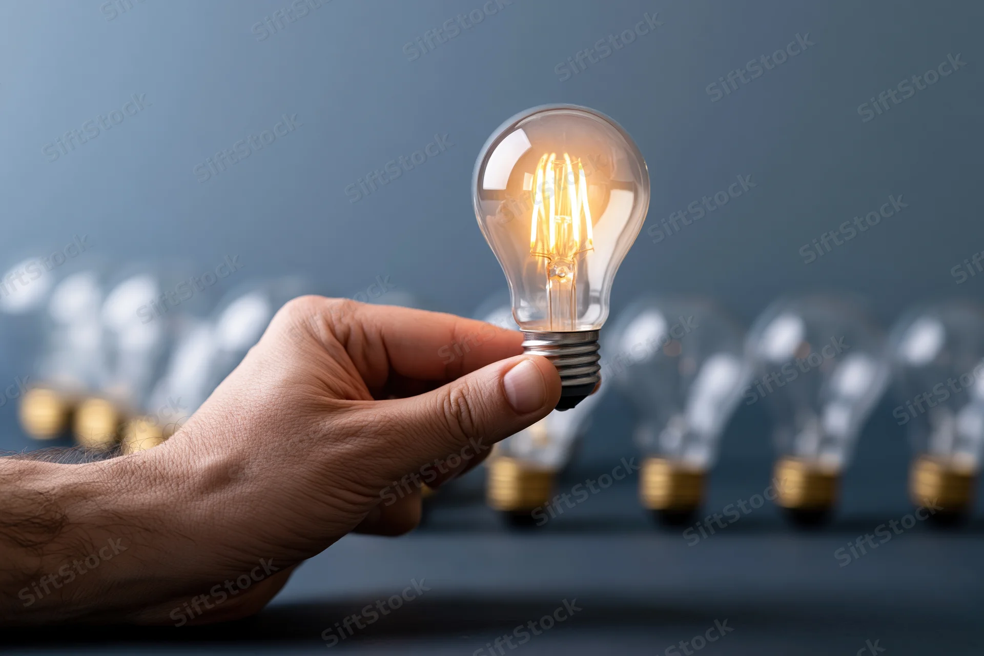 Hand holding glowing incandescent lightbulb in front of row of unlit bulbs on dark surface