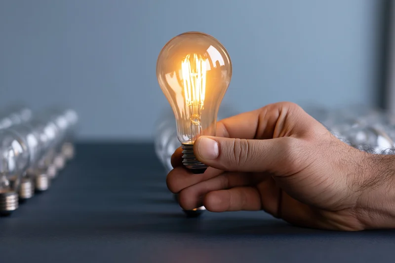 Hand holding glowing incandescent lightbulb among unlit bulbs on a dark surface