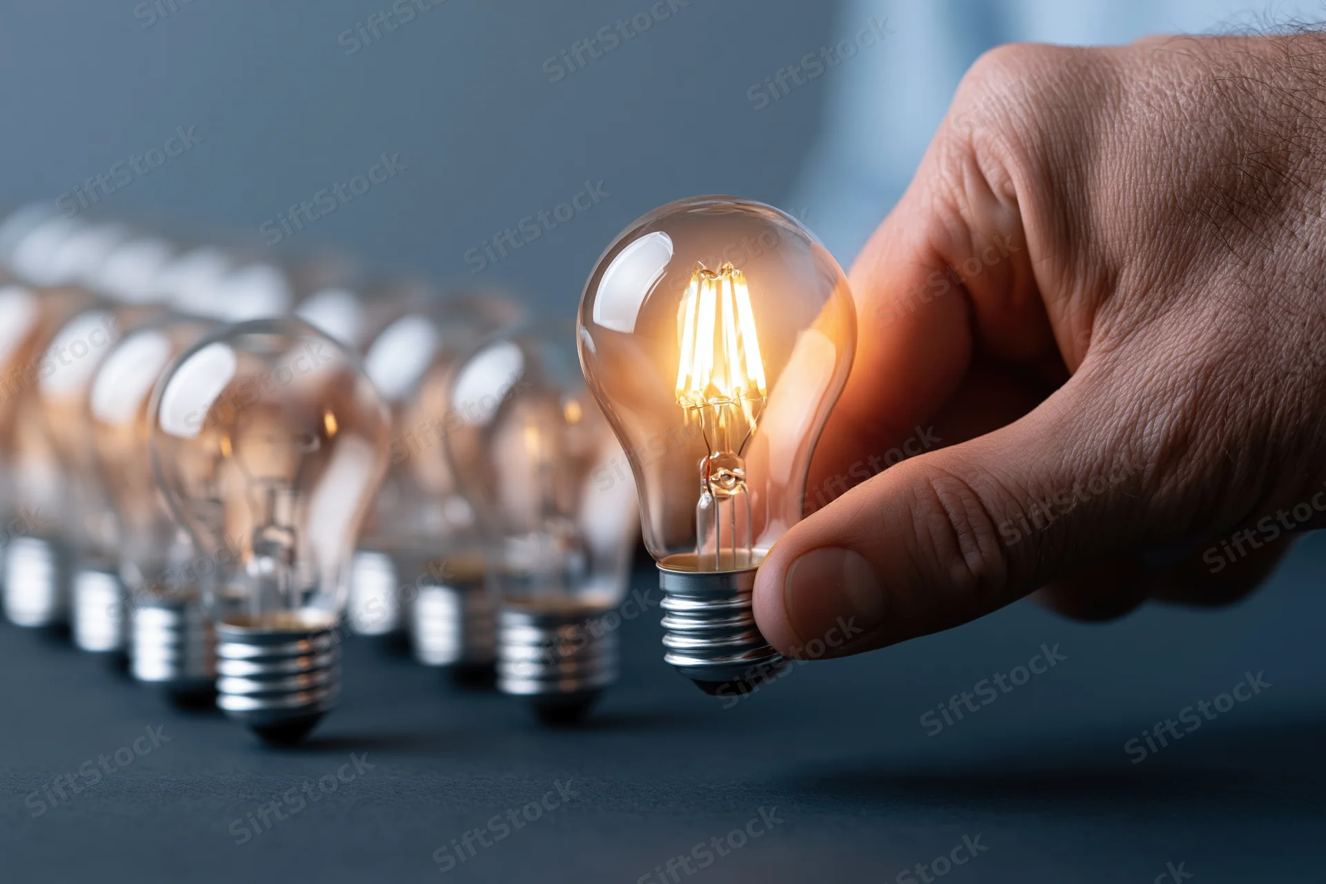 Hand holding glowing incandescent lightbulb in front of a row of unlit bulbs on a dark surface