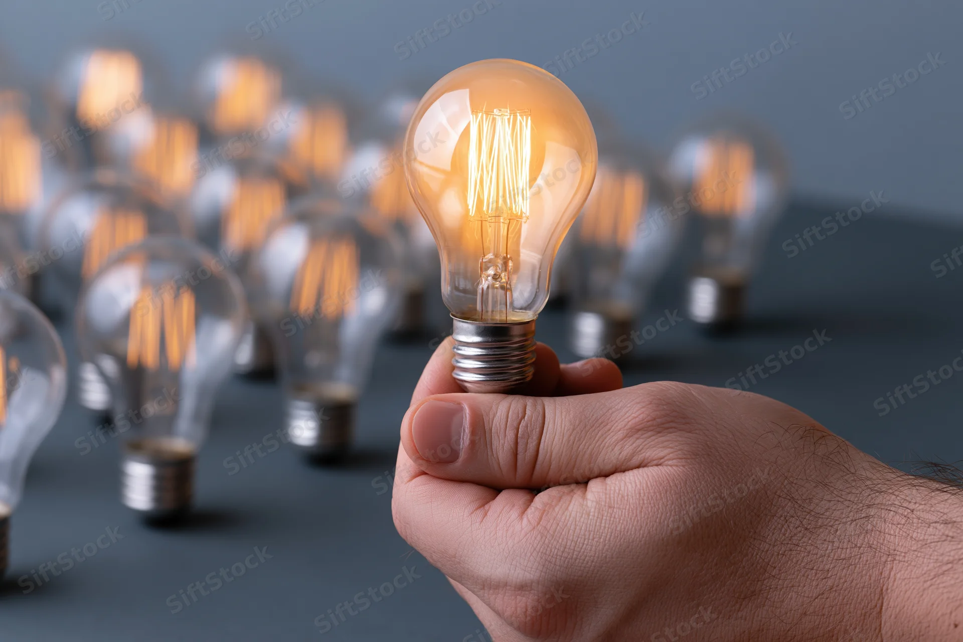 Hand holding glowing incandescent lightbulb in front of multiple bulbs on dark surface