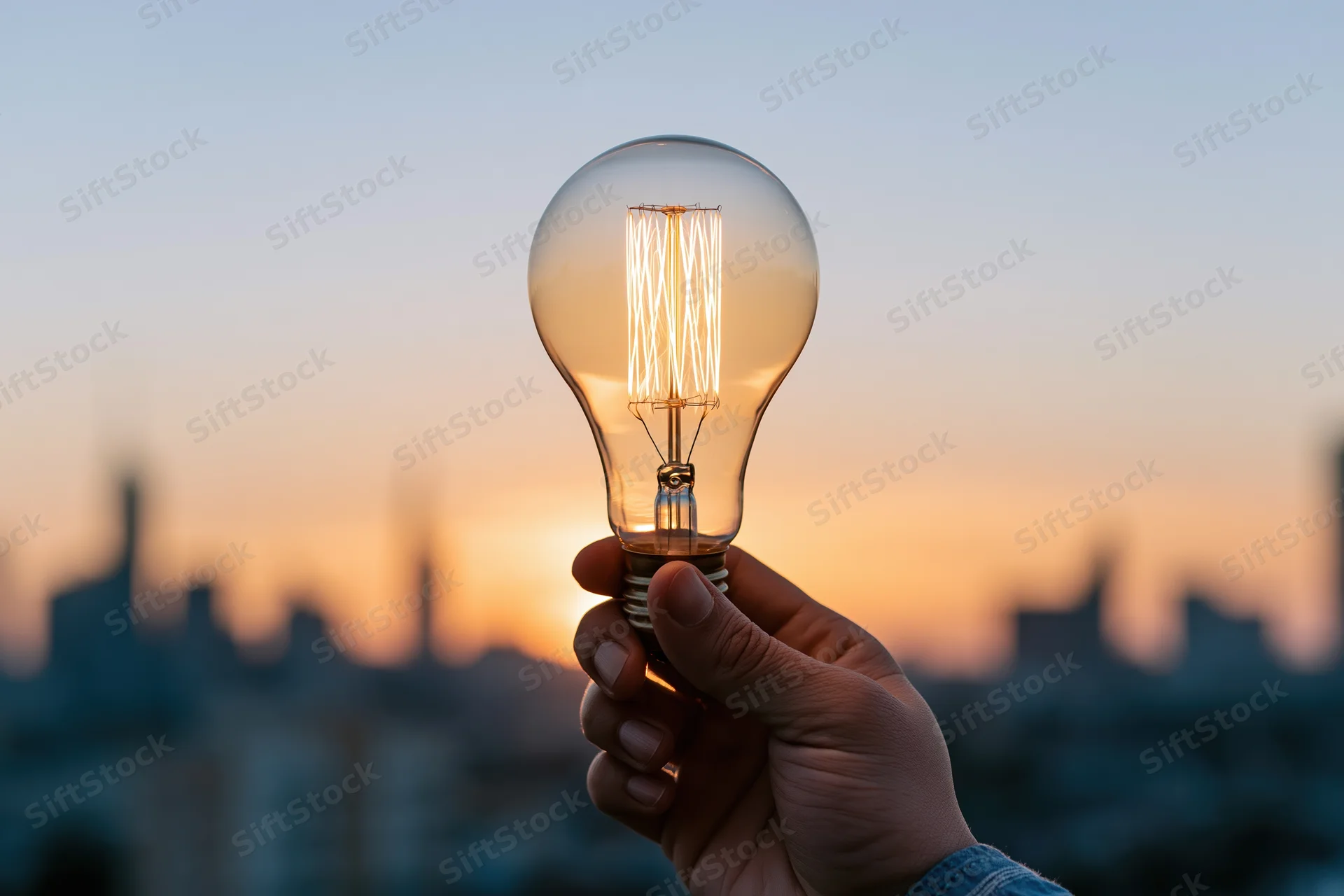 Hand holding illuminated filament lightbulb against city skyline at sunset