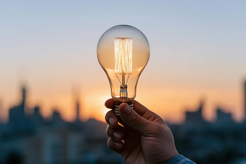 Hand holding illuminated filament lightbulb against city skyline at sunset