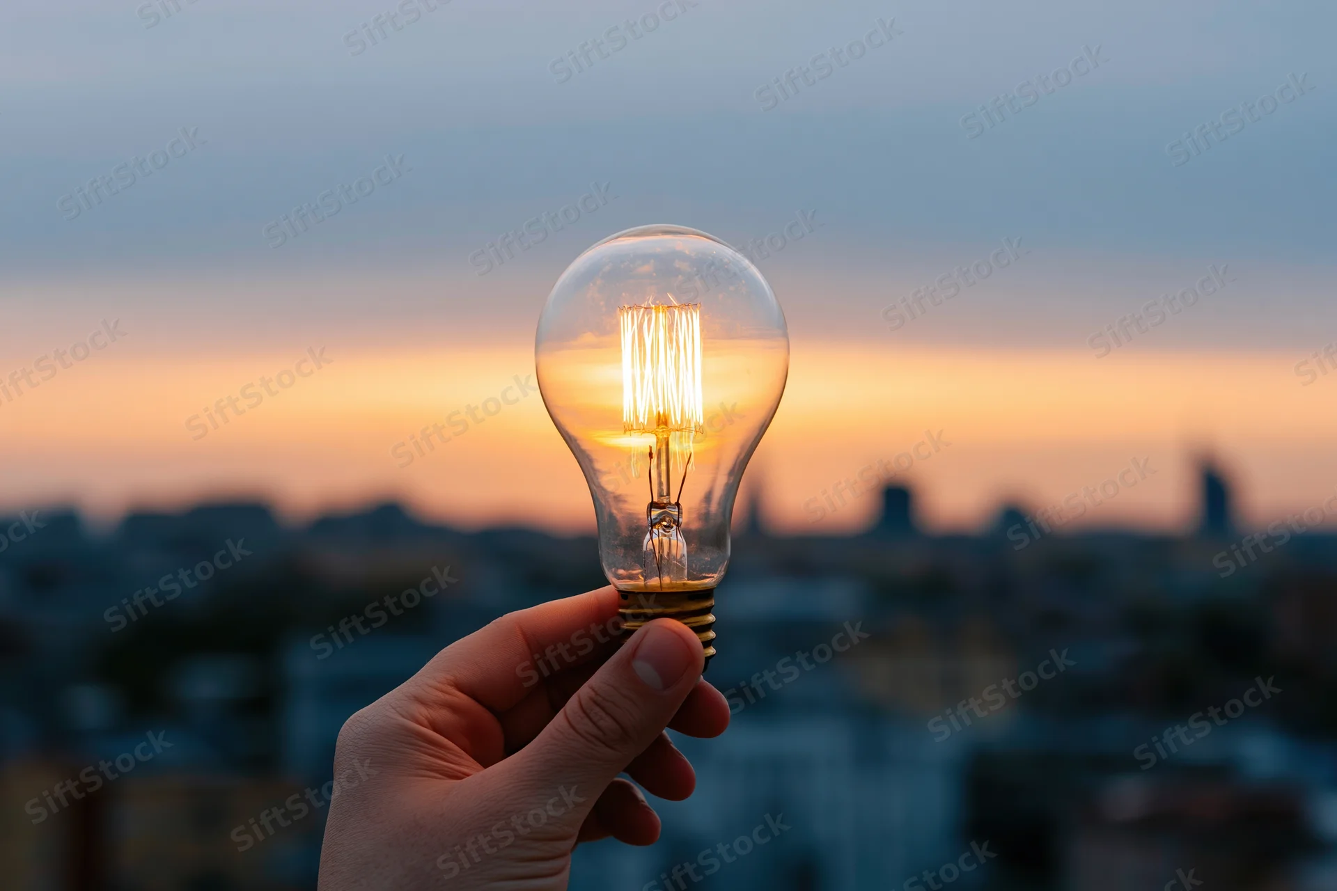 Hand holding lit filament lightbulb against city skyline at sunset