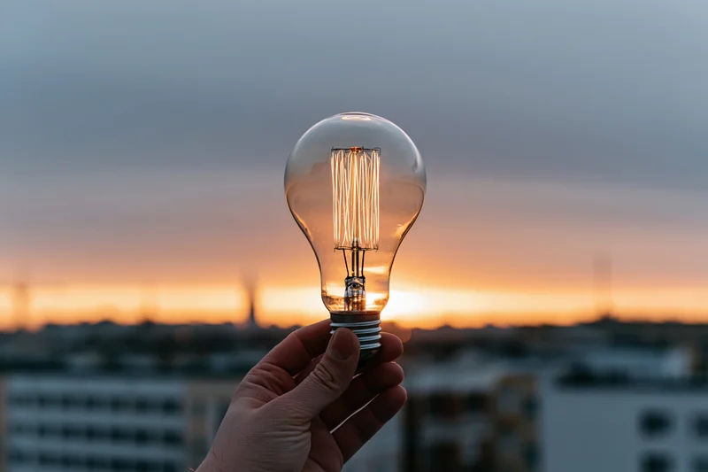 Hand holding illuminated filament lightbulb against city skyline at sunset