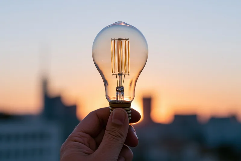 Hand holding a clear glass filament light bulb against a cityscape at sunset