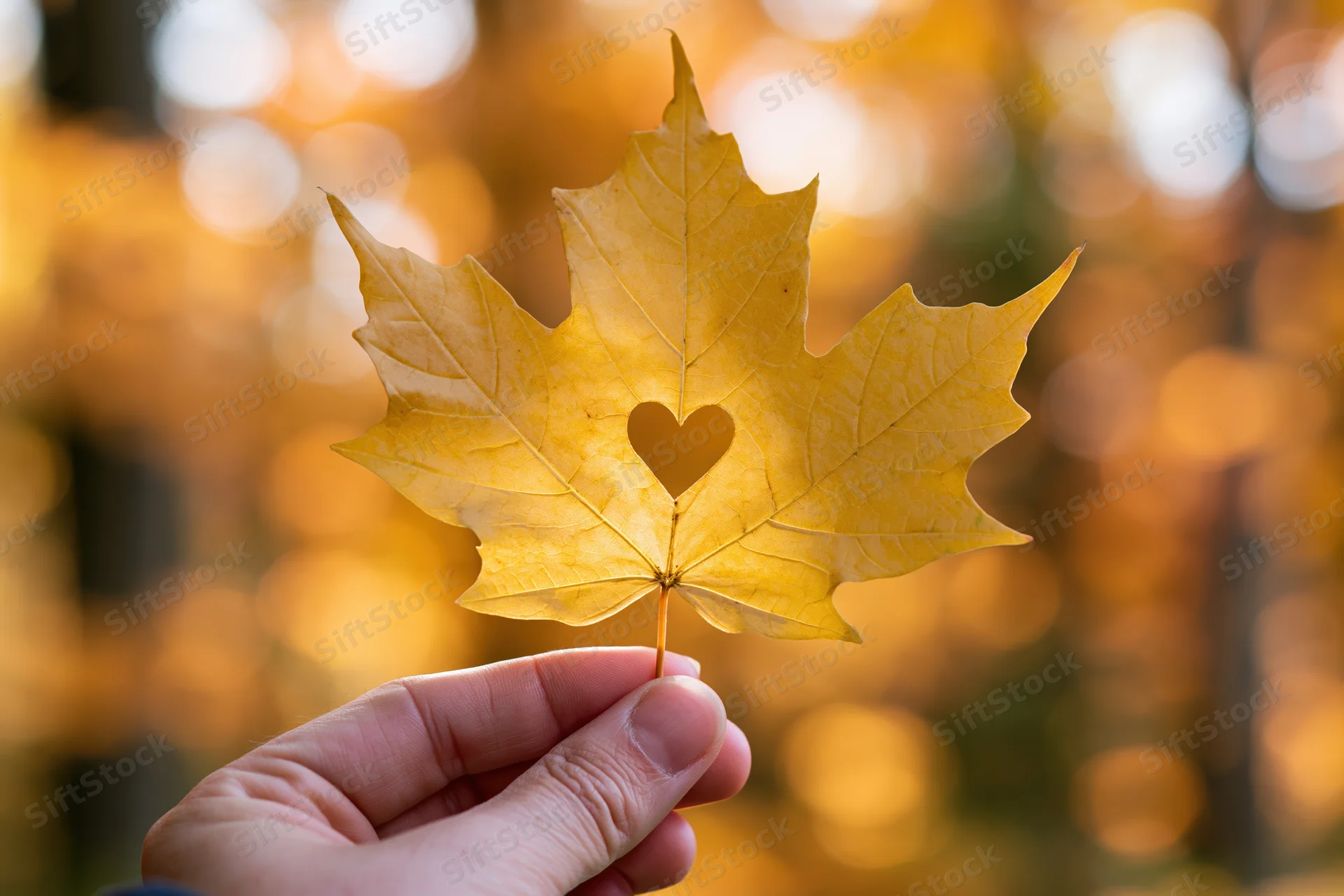Hand holding golden maple leaf with heart-shaped hole against blurred autumn forest background