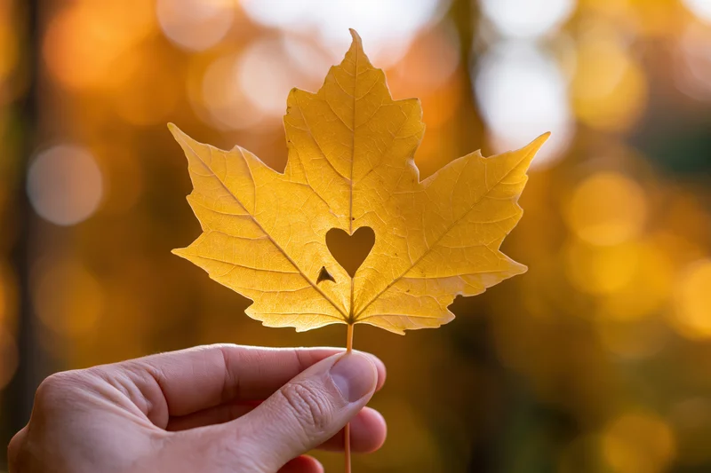 Hand holding golden maple leaf with heart-shaped hole against autumn bokeh background
