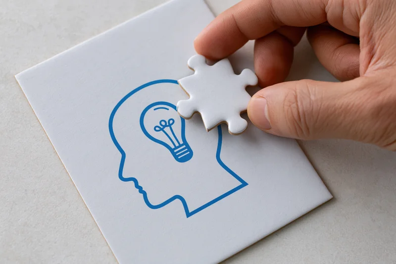 Hand placing final puzzle piece into jigsaw of head with lightbulb on paper