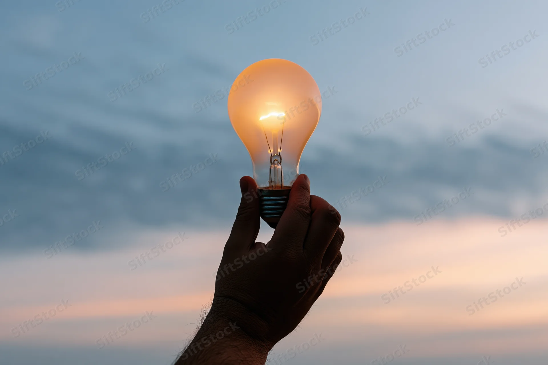 Hand holding glowing incandescent lightbulb against twilight sky