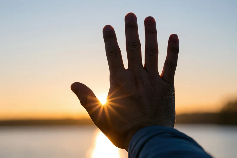 Hand raised palm up silhouetted against sunset over water