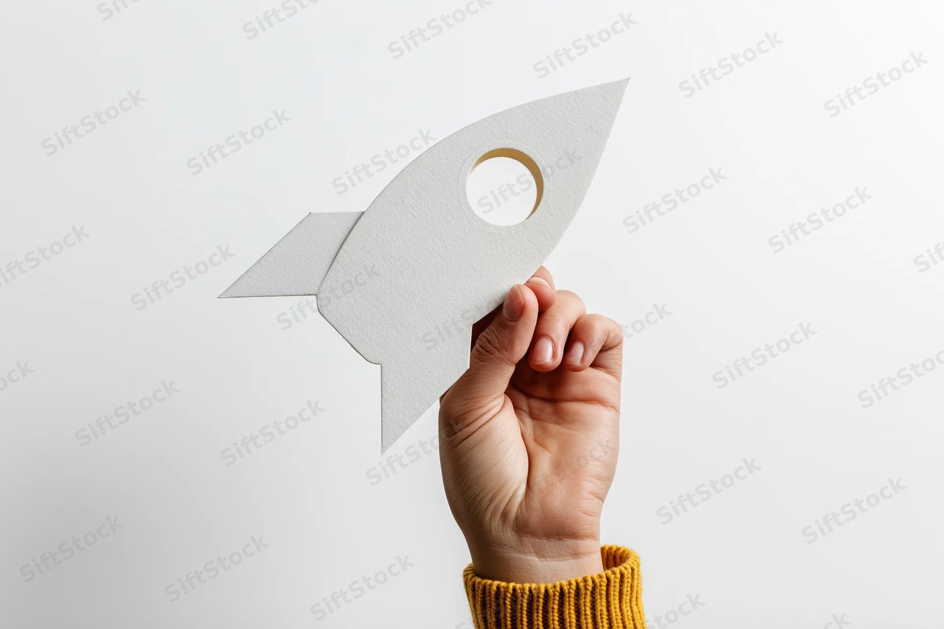 Hand holding white paper rocket cutout against plain background
