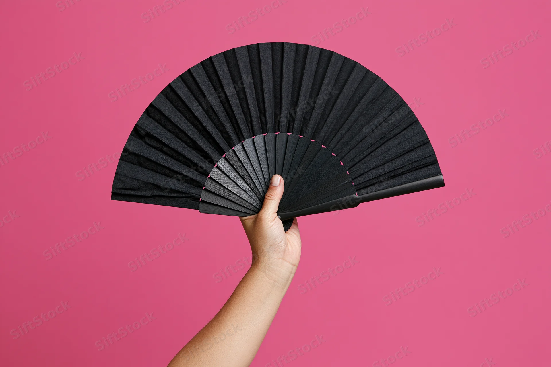Hand holding open black folding fan against pink background