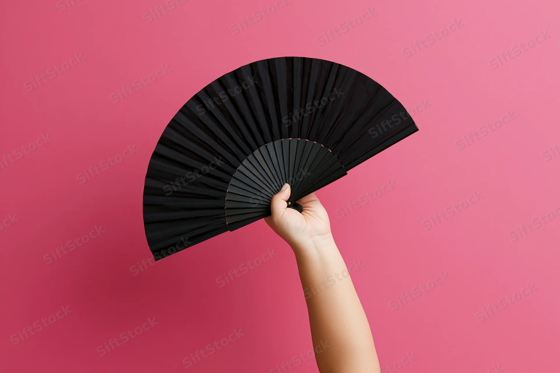 Hand holding open black folding fan against pink background