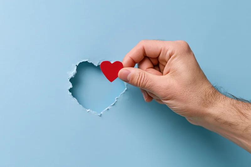 Hand holding red heart through torn hole in blue paper