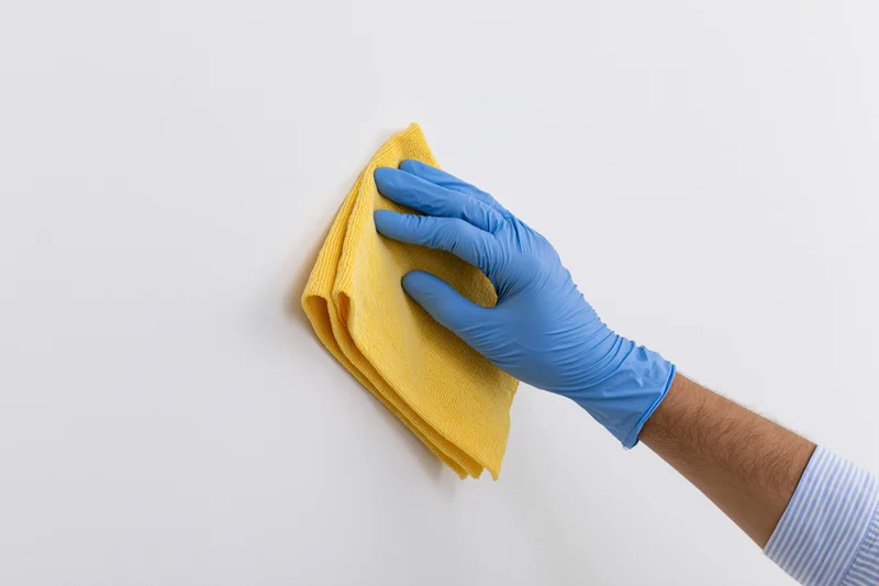 Hand in blue latex glove wiping white surface with yellow cloth