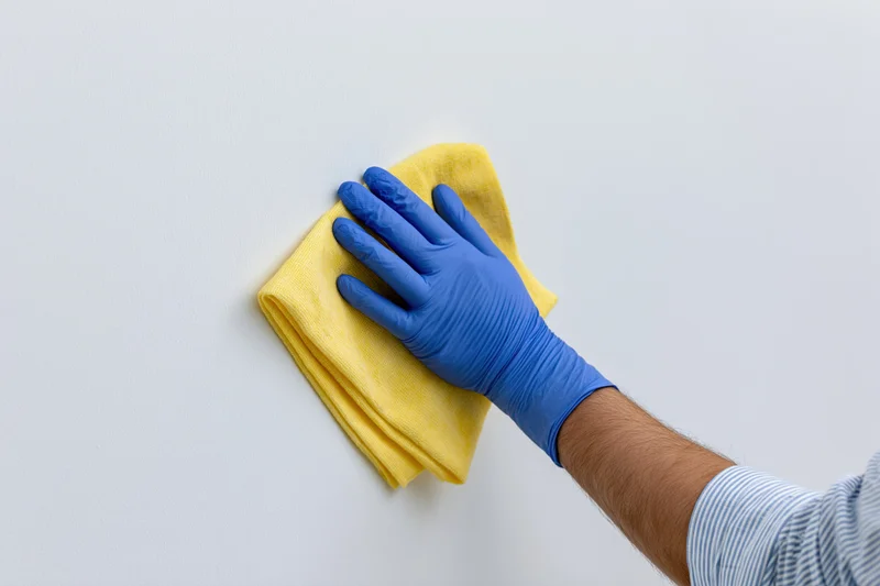 Hand in blue latex glove wiping white wall with yellow cloth