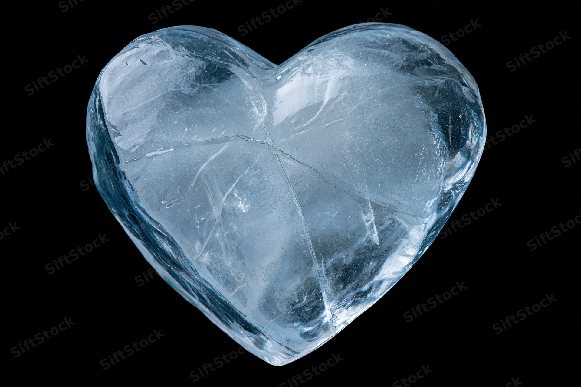 Heart-shaped ice block centered on black background