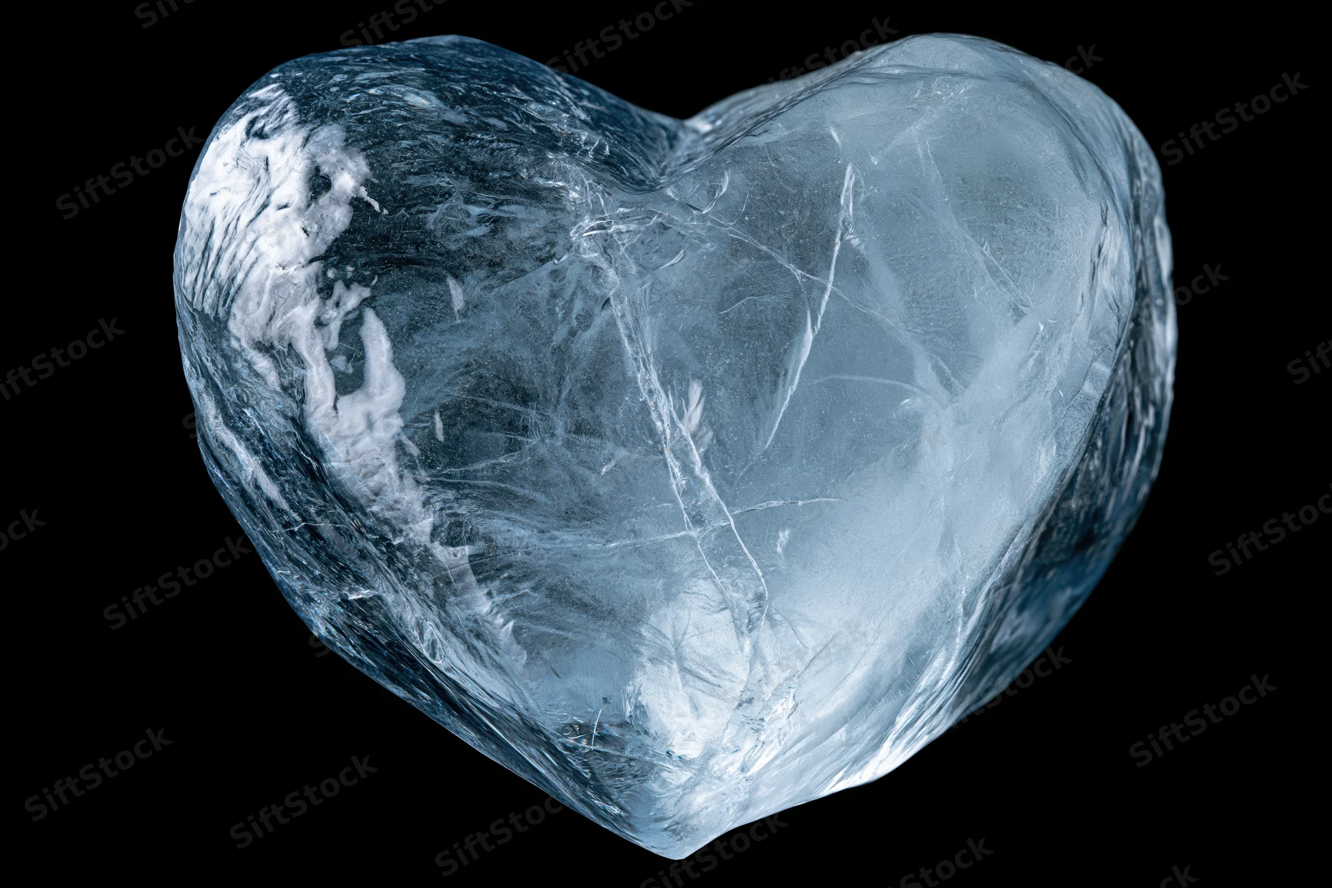Heart-shaped block of clear ice centered against a pure black background