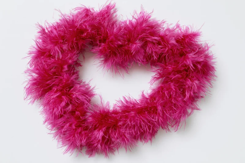 Heart-shaped frame made from hot pink feather boa on white background