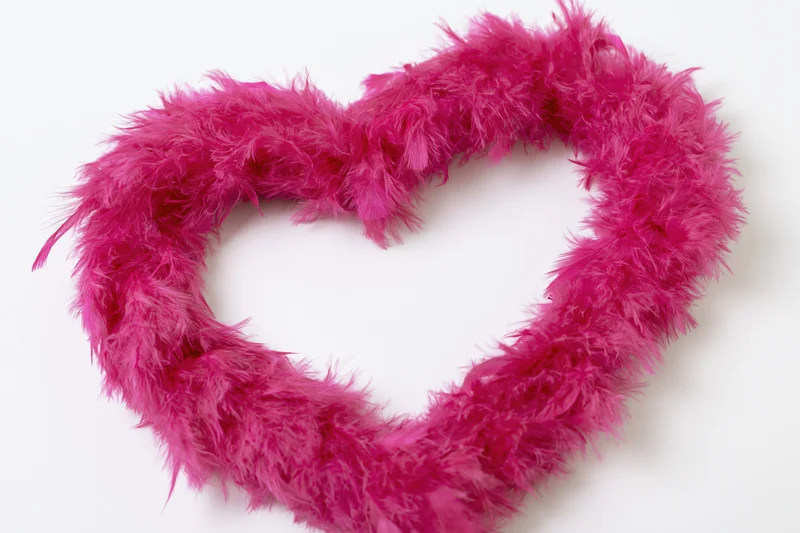 Heart-shaped frame made from hot pink feather boa on white background