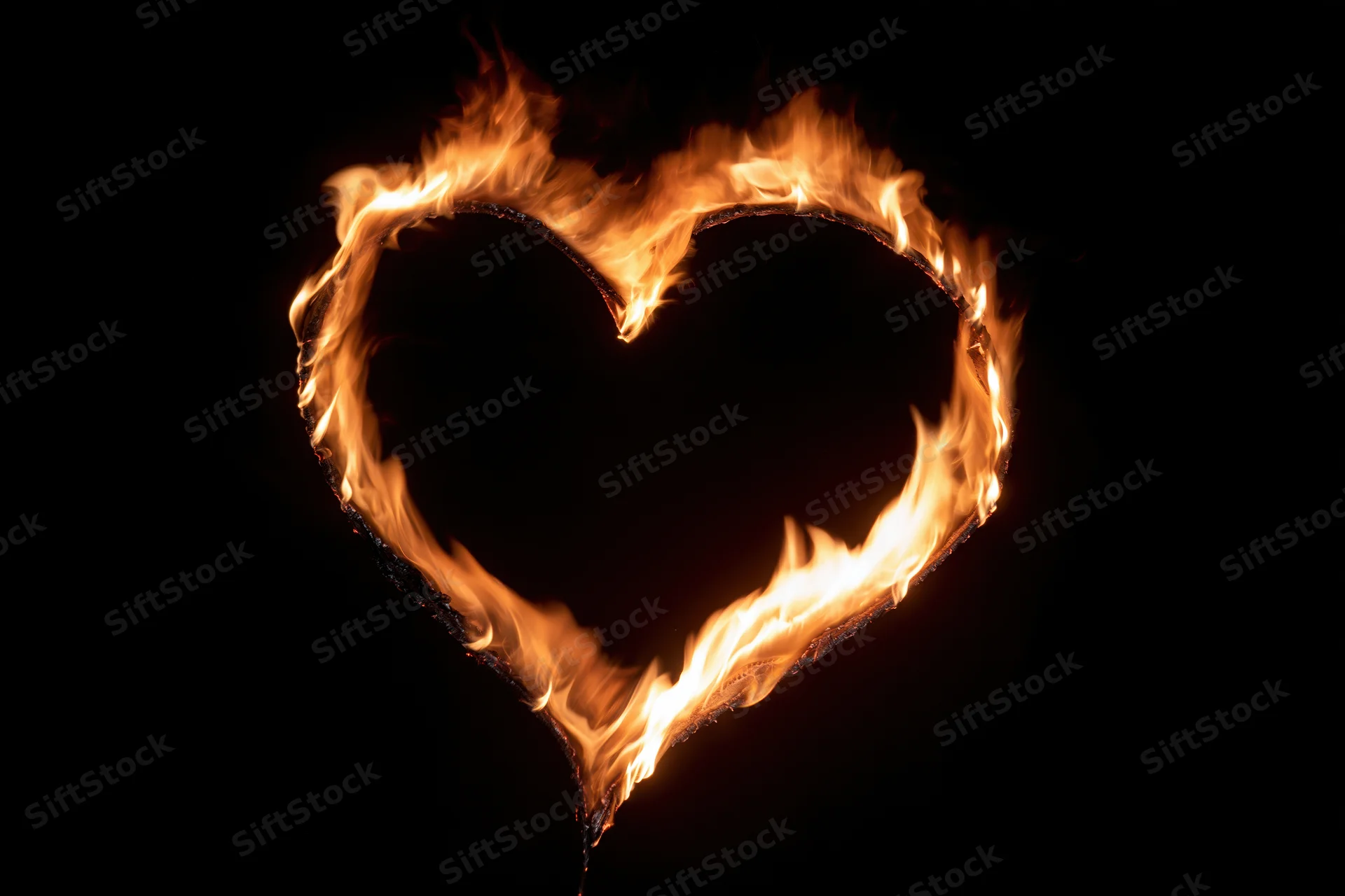 Heart-shaped flame burning against a black background