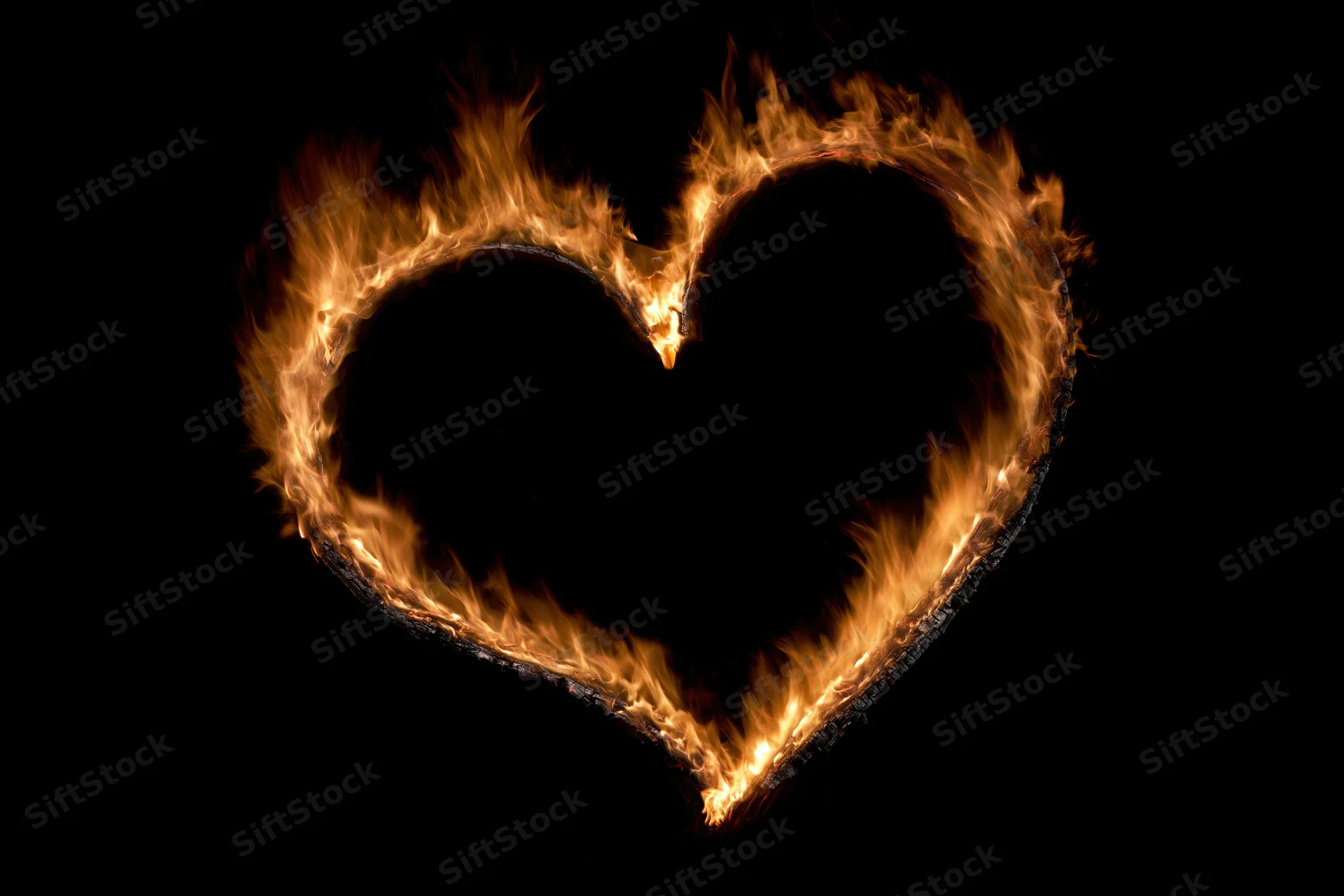 Heart-shaped flame outline burning against black background