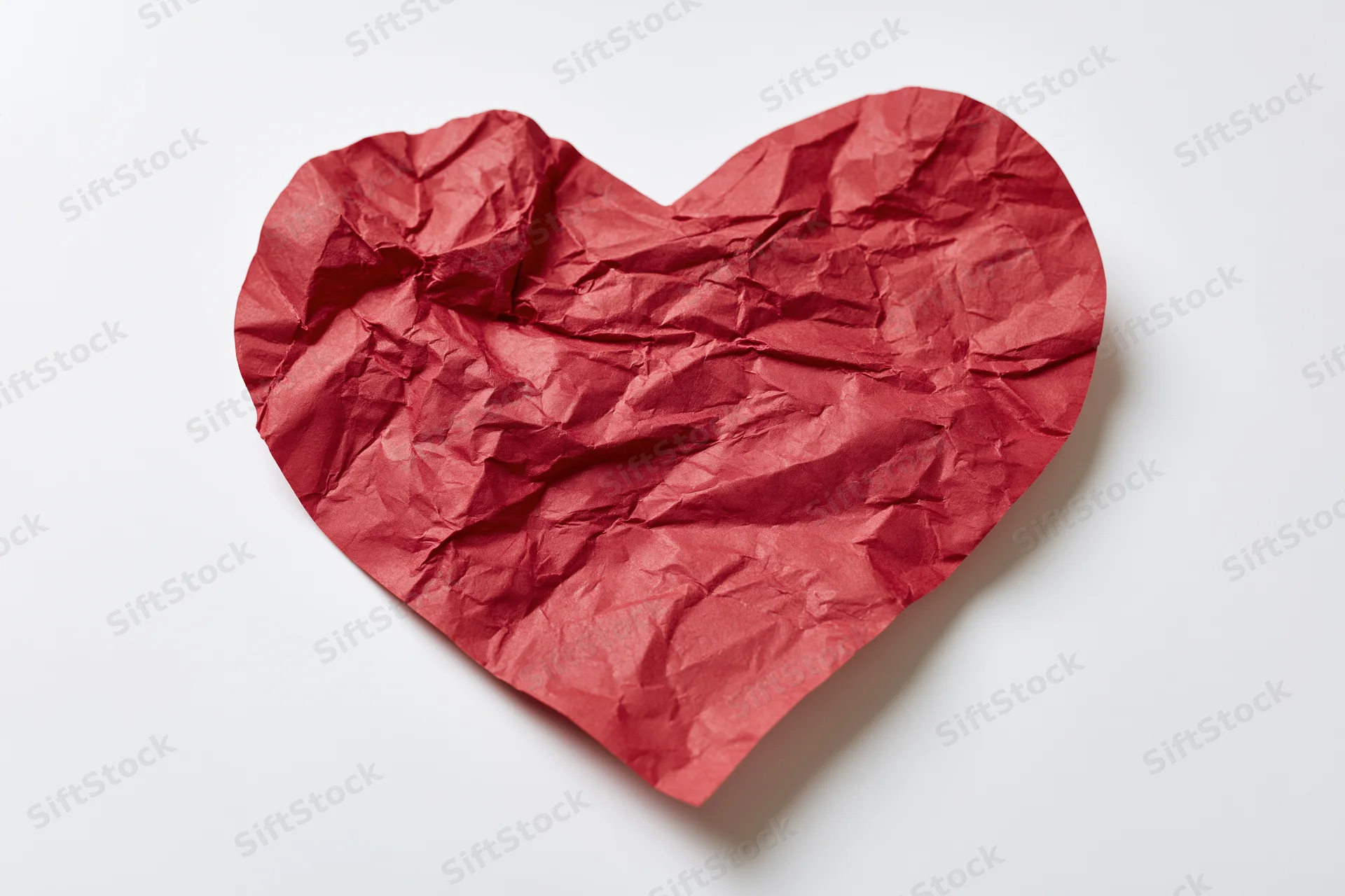 Crumpled red paper heart lying flat on white surface