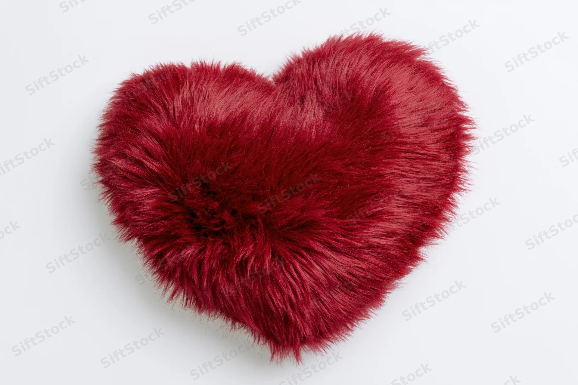 Red furry heart-shaped plush pillow on white background