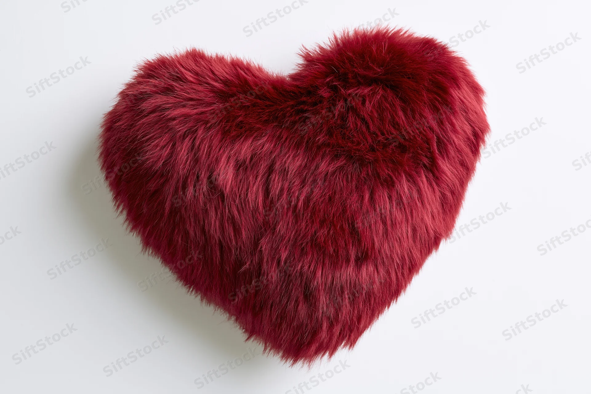 Red furry heart-shaped plush pillow on white background