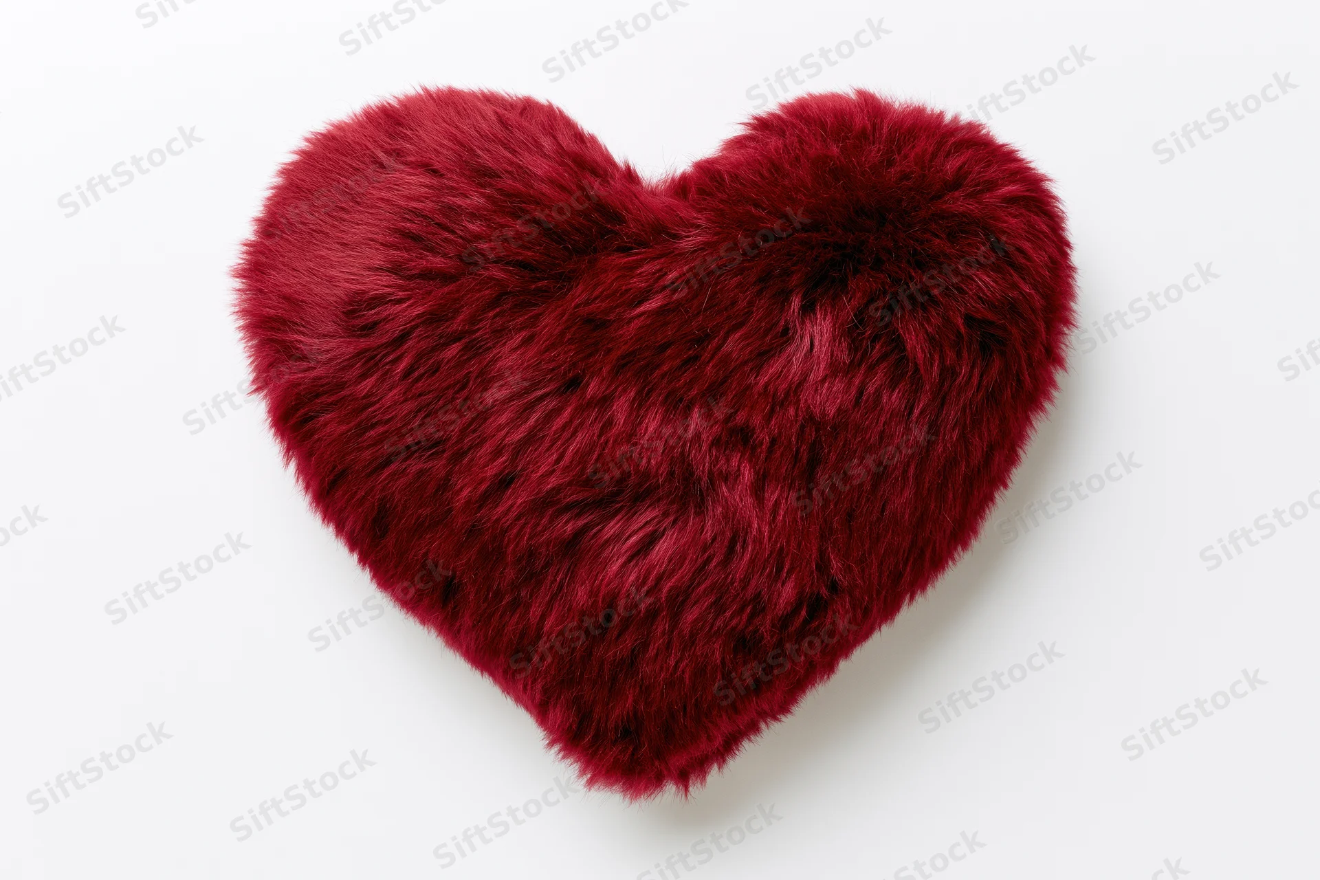 Red furry heart-shaped plush pillow on white background
