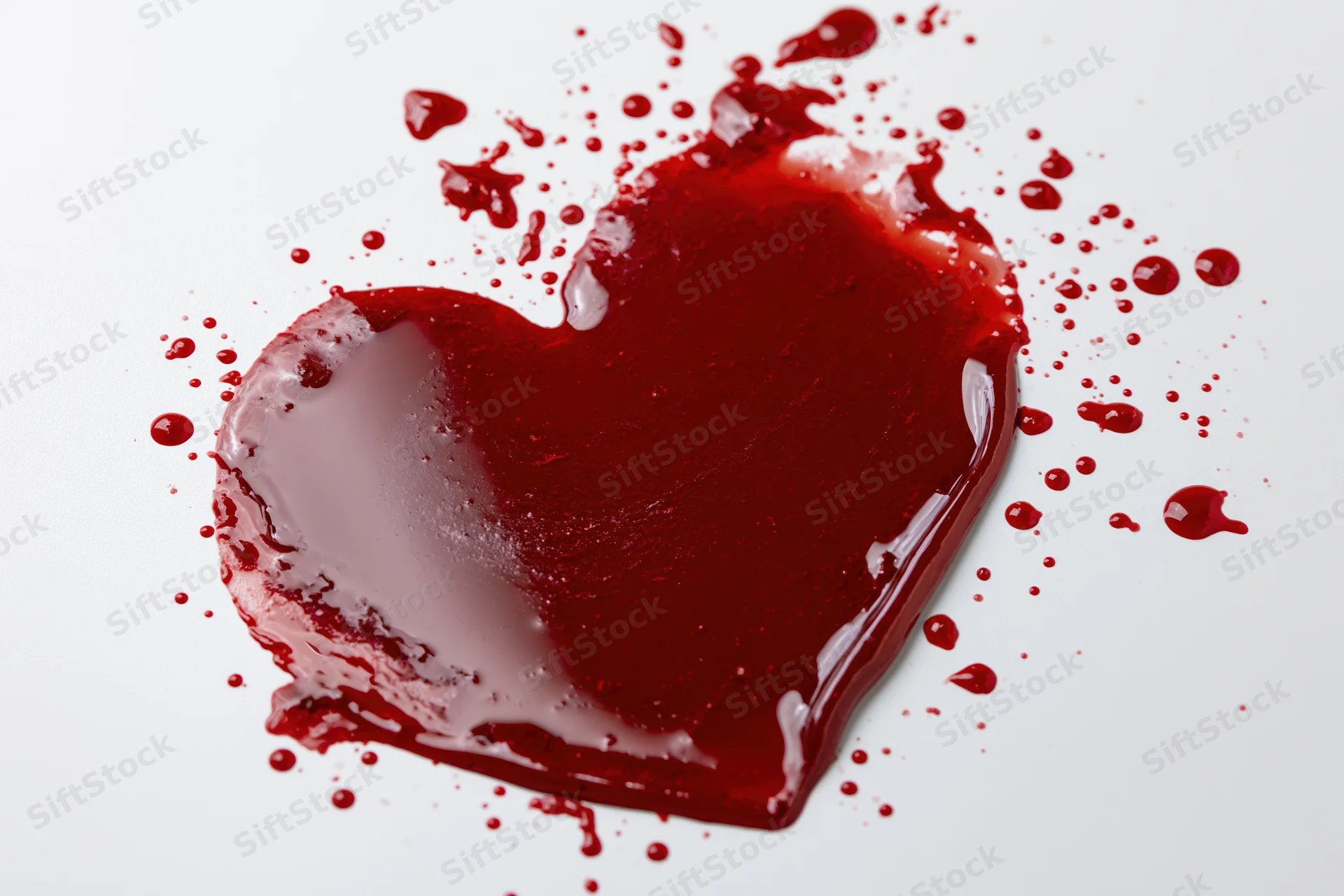 Heart-shaped pool of red liquid with splatters on white surface