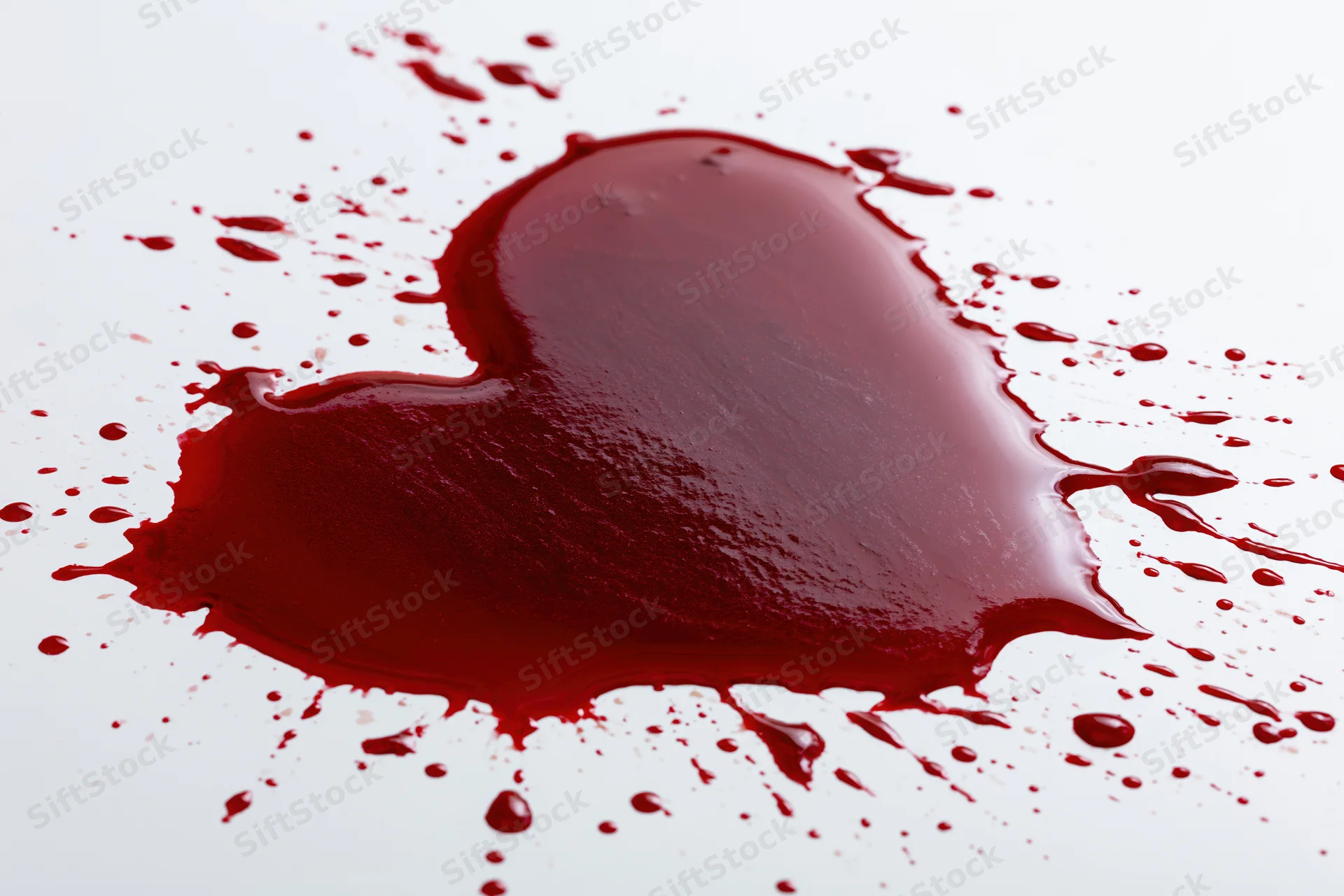 Heart-shaped pool of red liquid with splatters on white surface
