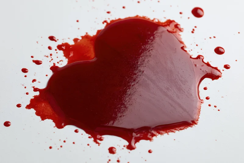 Heart-shaped pool of red liquid with splatters on white surface