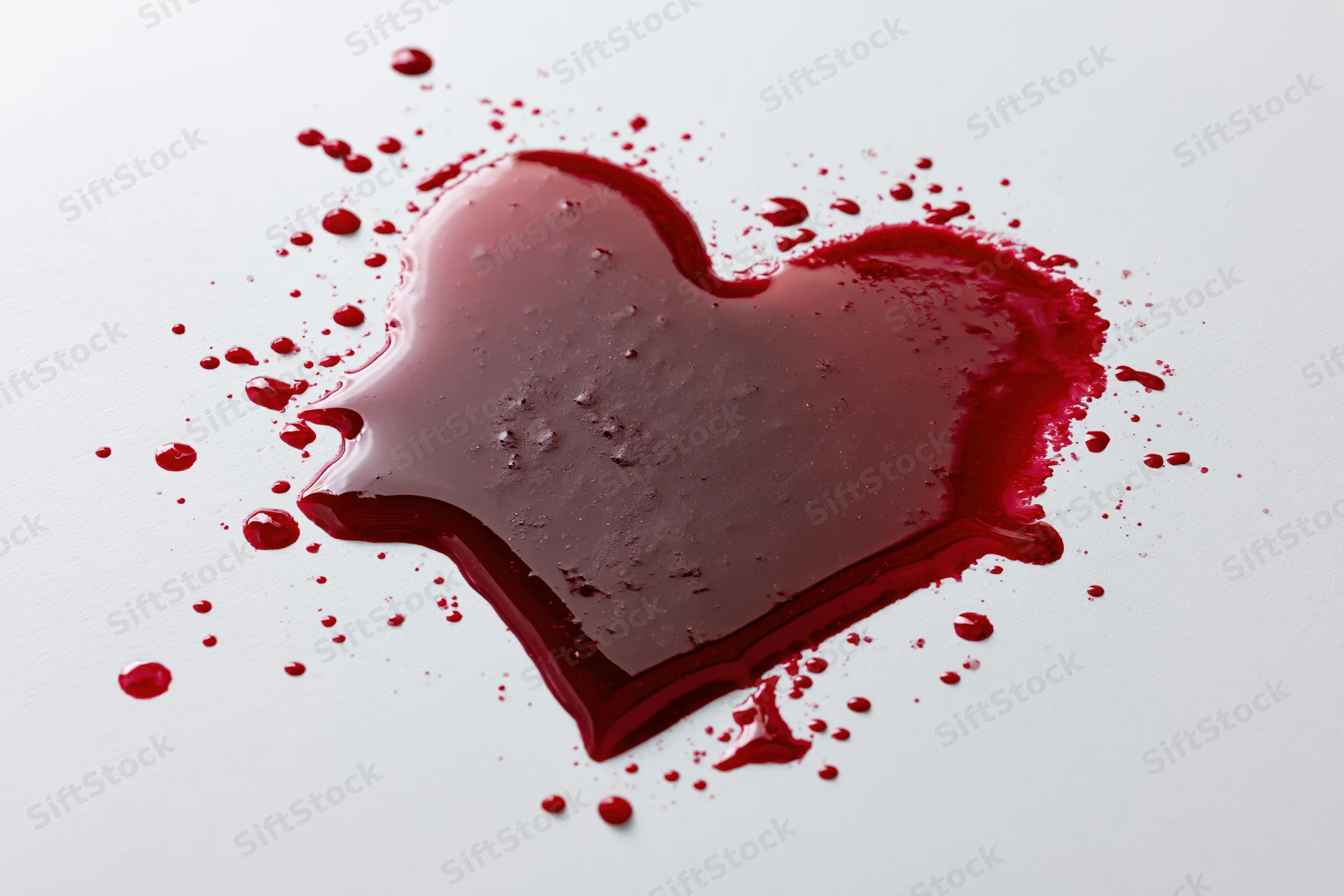 Heart-shaped pool of red liquid with splatters on white surface