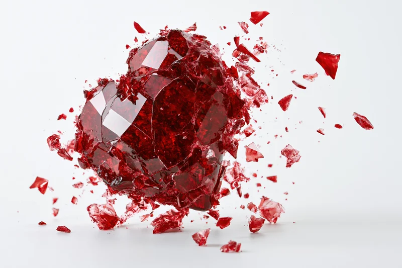 Heart-shaped red glass object shattering mid-explosion on white background