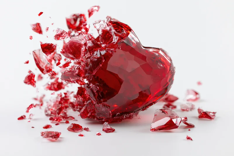 Red heart-shaped glass shattering into fragments on white background