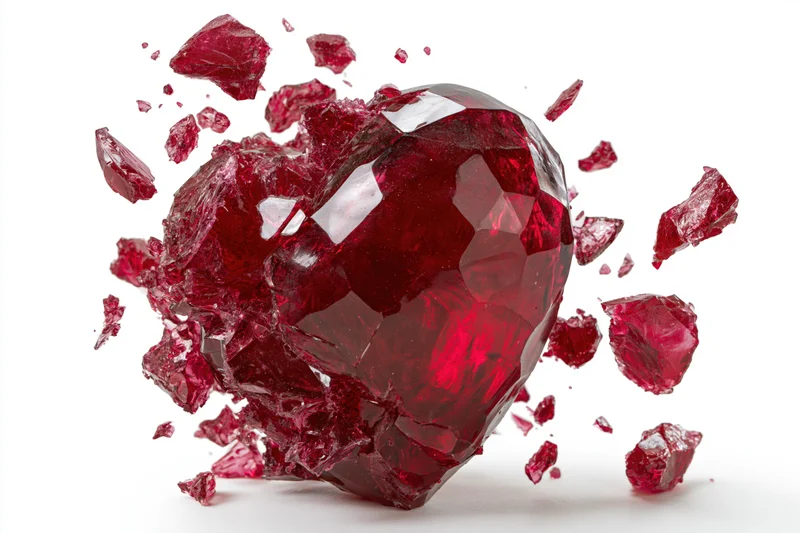 Heart-shaped ruby glass shattering mid-explosion on white background