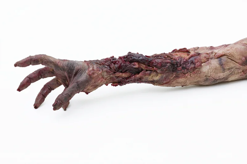 Zombie hand with prosthetic makeup and decayed flesh on white background