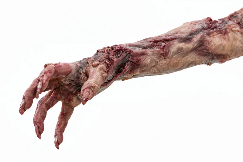 Zombie hand with prosthetic makeup and wounds isolated on white background