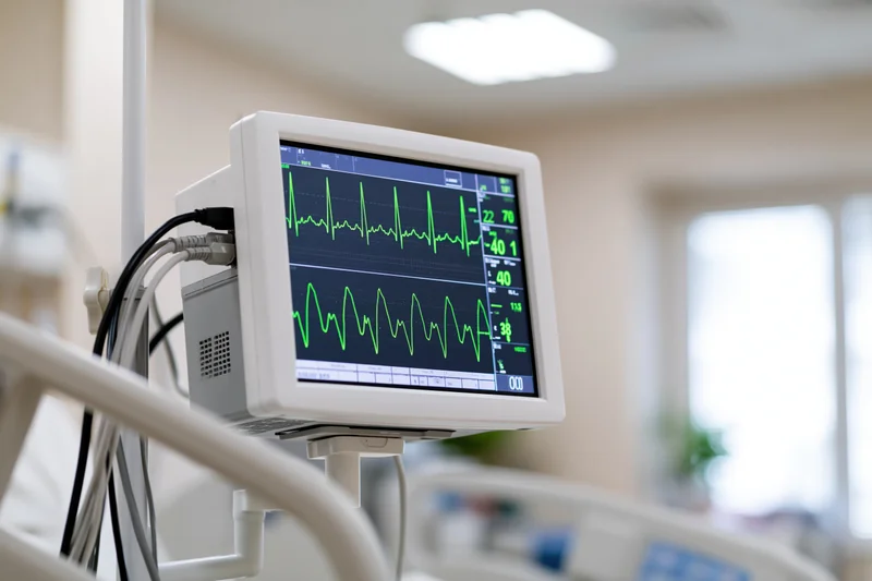 Medical monitor displaying green ecg and vital signs in hospital room