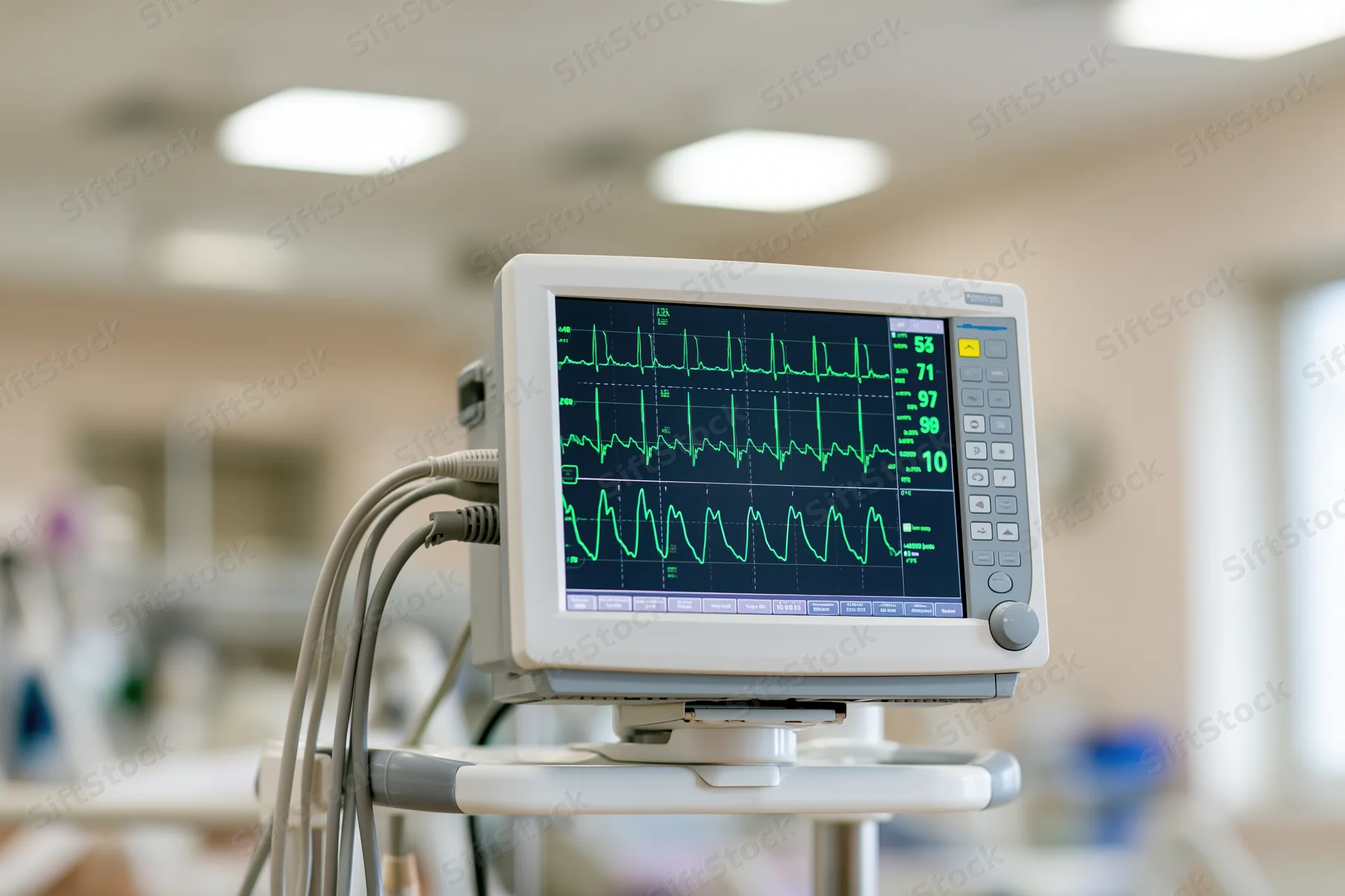 Medical monitor displaying green ecg waveforms and vital signs in a hospital room