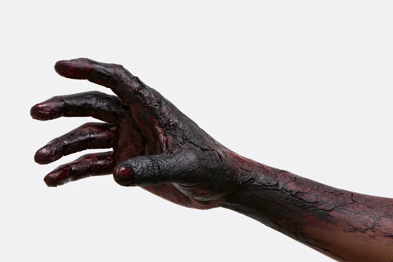 Zombie hand with cracked black and red skin reaching out against white background