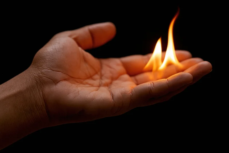 Hand holding small flames in open palm against black background