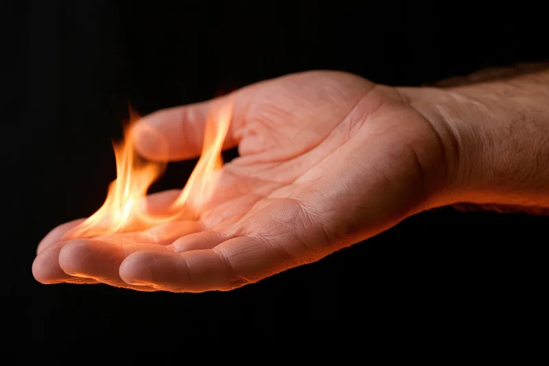 Hand holding small flames in open palm against black background